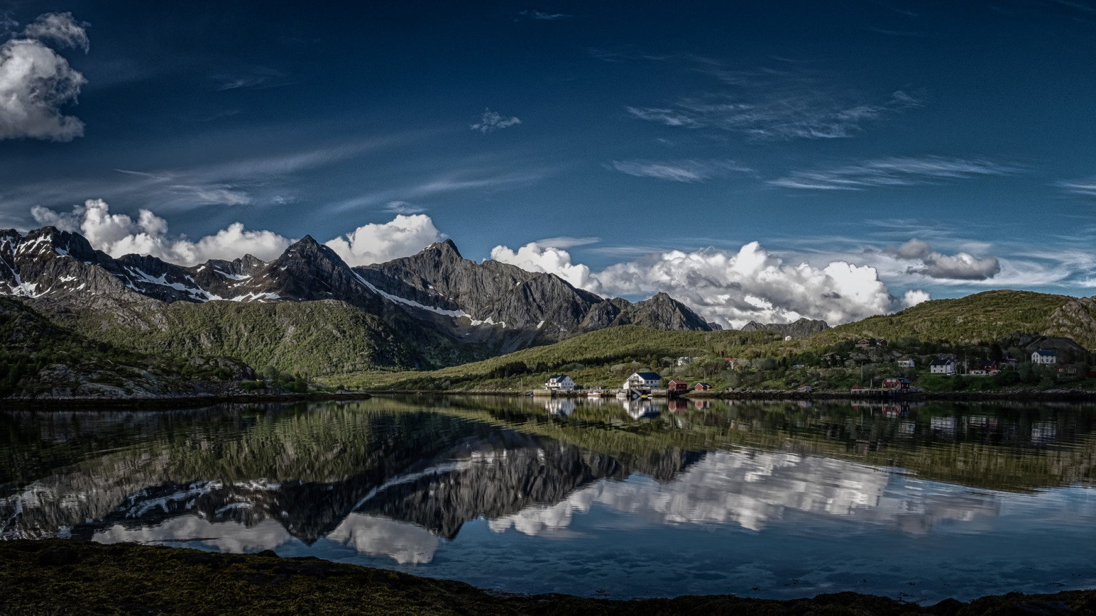 반사, 구름, 산, 노르웨이, 마을, 로 포텐, 로 포텐 제도, 피요르드