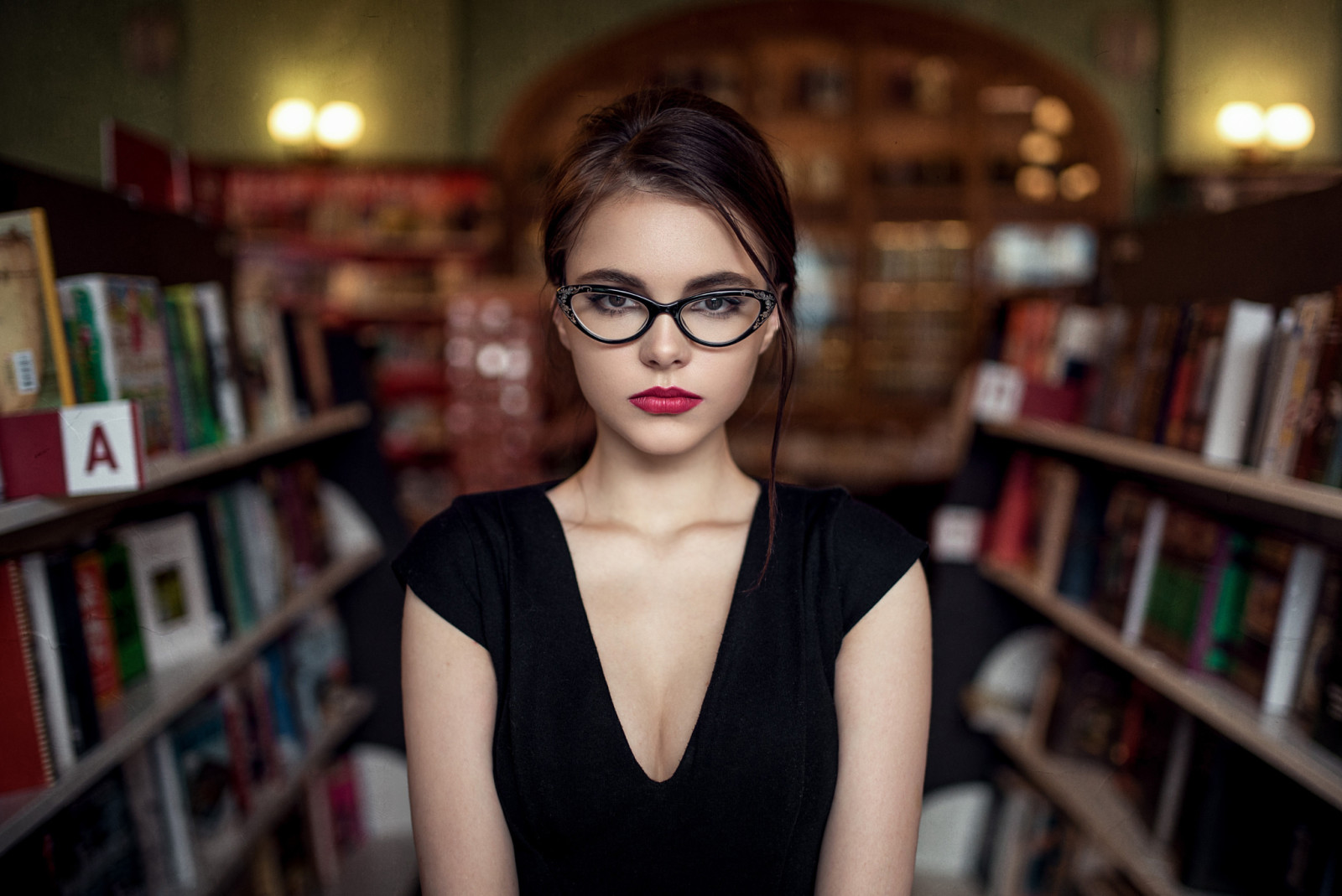 nhìn, khuôn mặt, thư viện, kính, tóc, đôi môi