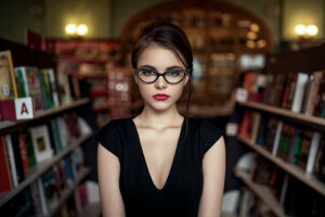 面对, 眼镜, 头发, 图书馆, 嘴唇, 看