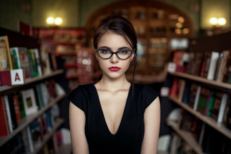 面, 眼鏡, ヘア, 図書館, 唇, 見て