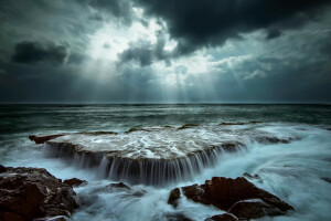 구름, 발췌, 빛, 자연, 광선, 바위, 바다, 돌