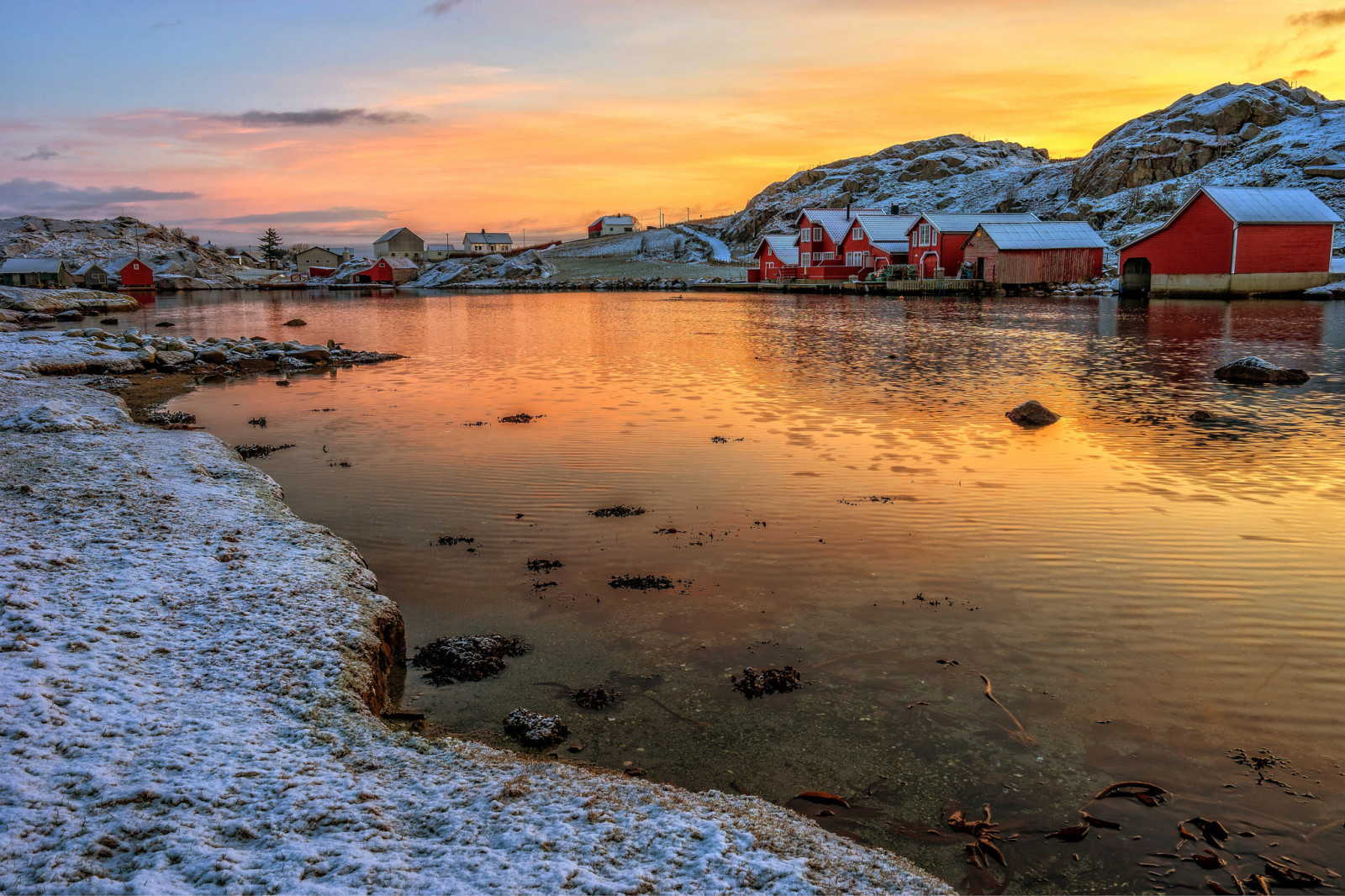 눈, 하늘, 집, 저녁, 호수, 산, 노르웨이, 마을