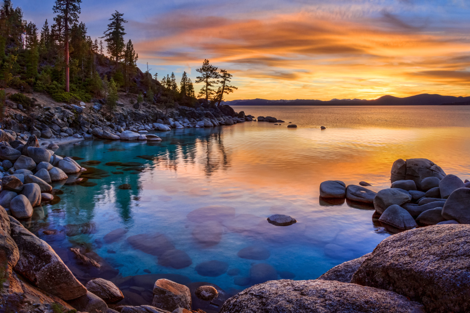 danau, matahari terbenam, batu, California, Nevada, Sierra, Danau Tahoe