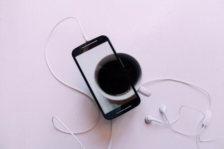 휴대 전화, 커피, 컵, 이어폰, 그림