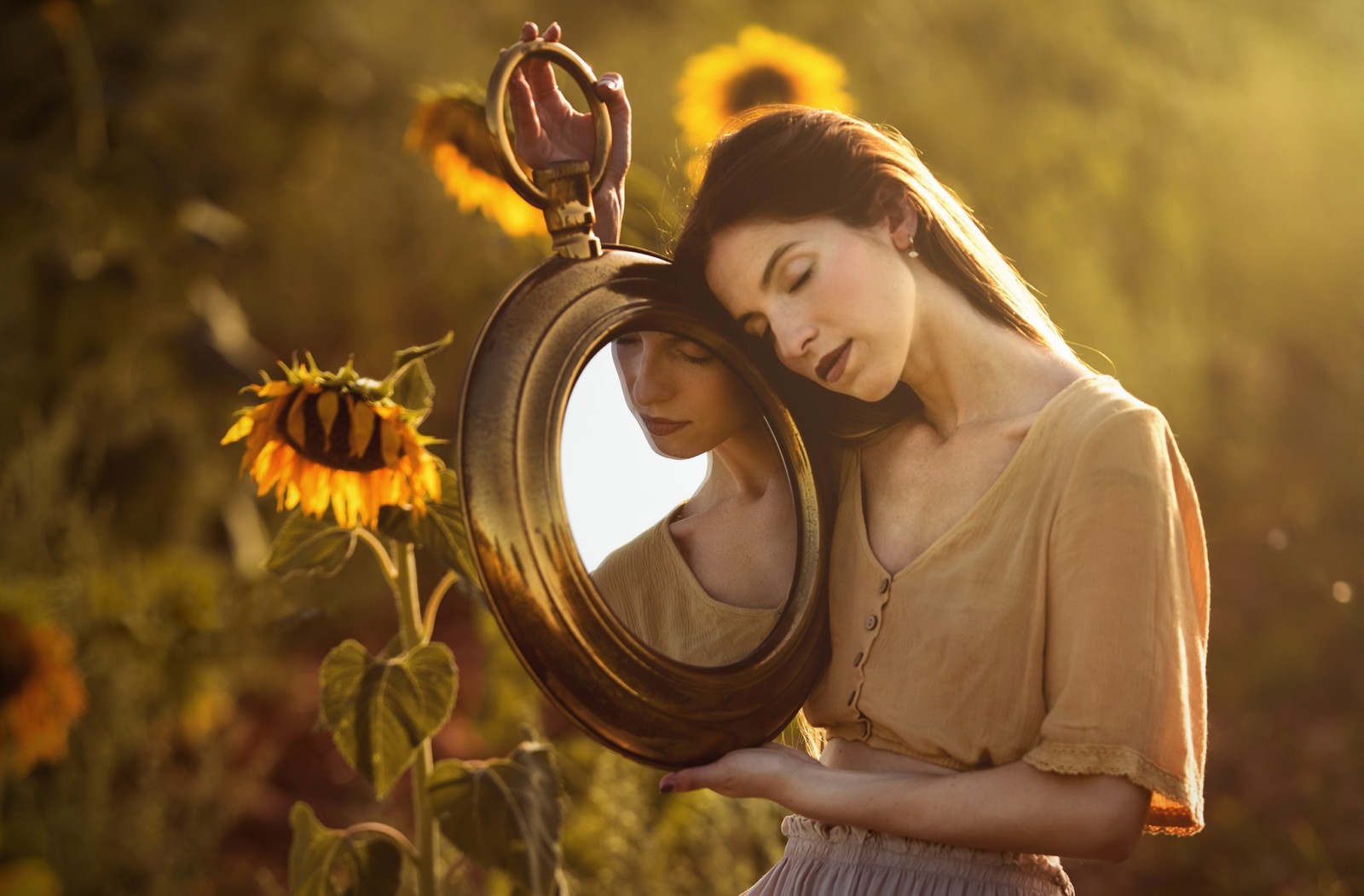 musim panas, gadis, bunga matahari, cermin