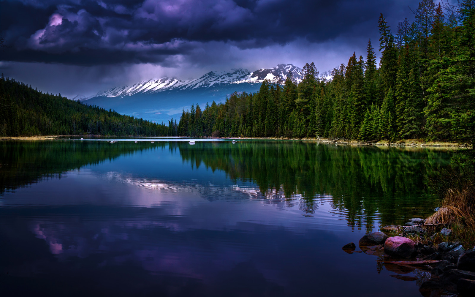 hutan, danau, pohon, Kanada, Alberta, Taman Nasional Jasper, awan, gunung