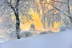 ふわふわの雪, ロシア, セントピーターズバーグ, 寺院, 1月の空, 冬