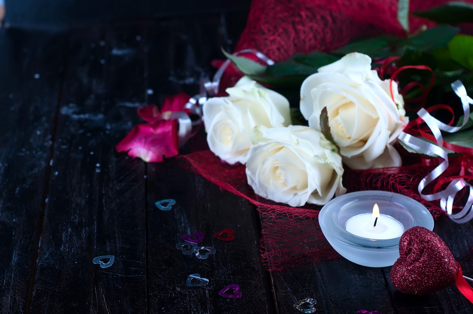 心, 情人节, 玫瑰花, 花卉, 心, 蜡烛, 白玫瑰