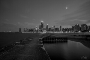 검정색과 흰색, 건물, 시카고, 등, 밤, 고층 빌딩