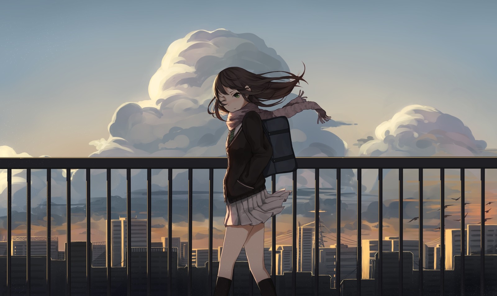 하늘, 도시, 소녀, 여학생, 미술, 구름, 집, 애니메이션