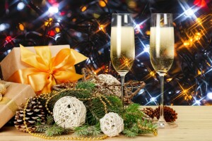 シャンパン, クリスマス, デコレーション, 贈り物, 眼鏡, ハッピー, 新年, 木