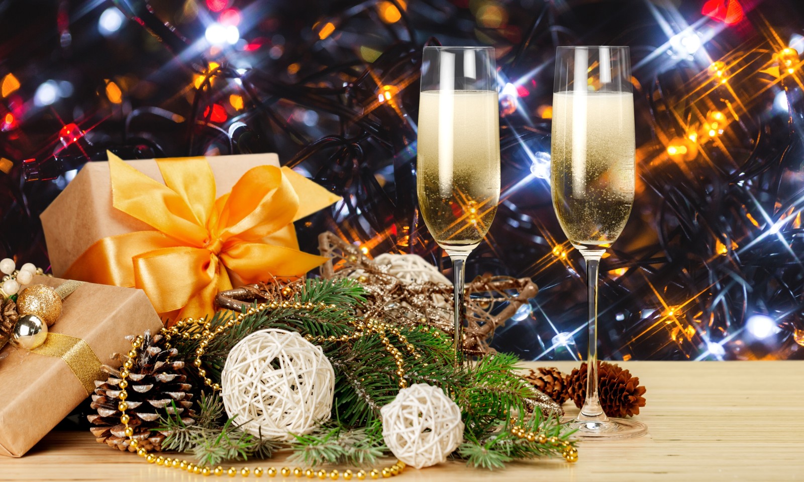 pohon, Tahun baru, hari Natal, dekorasi, hadiah, senang, kacamata, sampanye