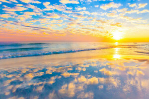 ビーチ, 雲, 鏡, 反射, 海, 日没, 波