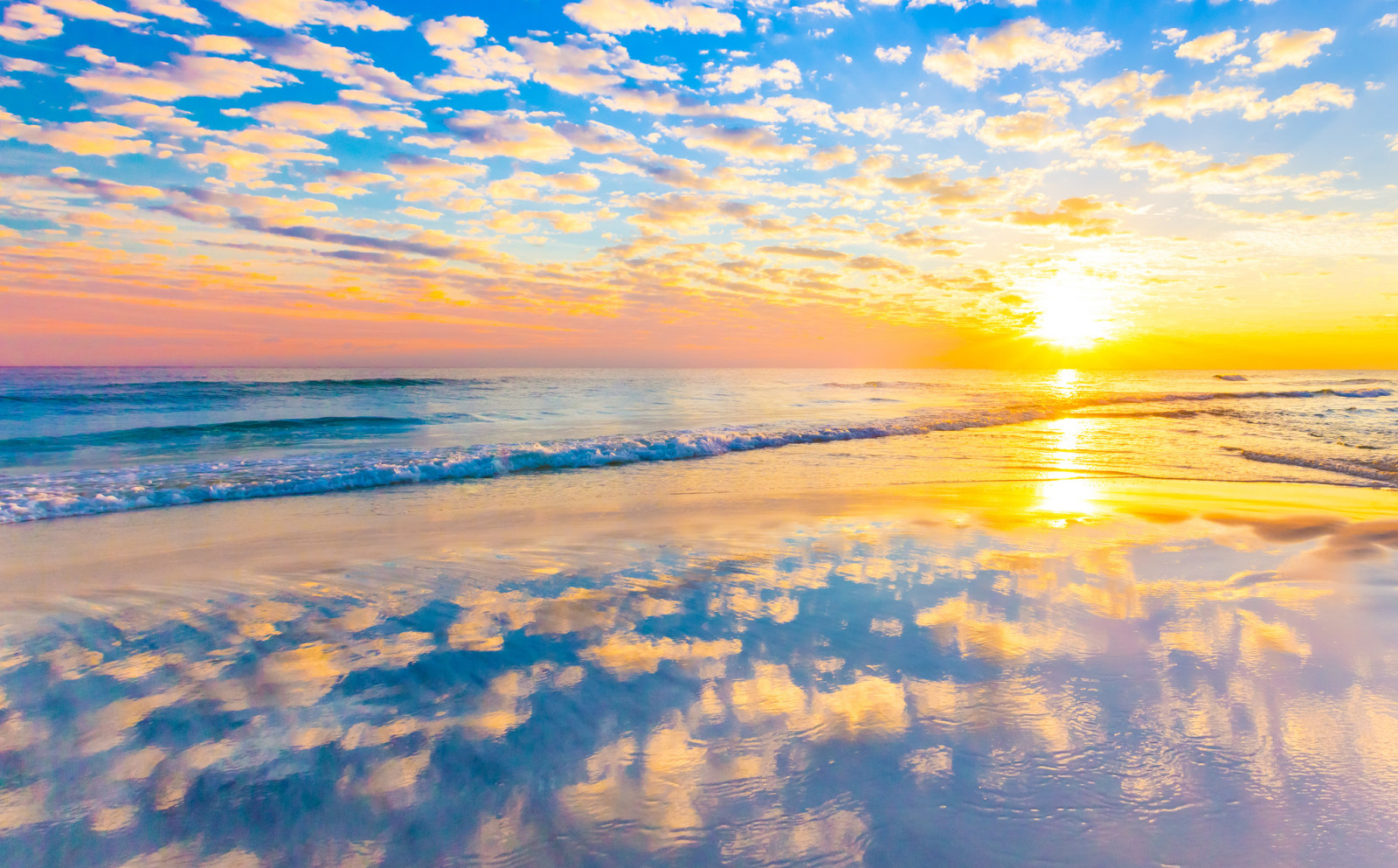 matahari terbenam, refleksi, pantai, laut, awan, gelombang, cermin