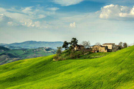 草, 家, イタリア, 山, 空, 木