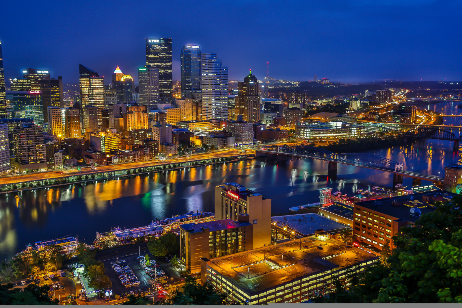 sungai, kota malam, gedung pencakar langit, bangunan, jembatan, Pennsylvania, PA, Pittsburgh