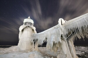 氷, ミシガン湖, 夜, セントジョセフ灯台