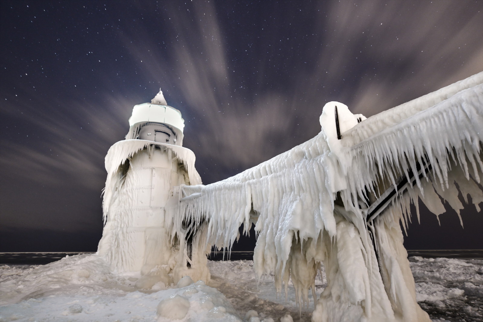 氷, 夜, ミシガン湖, セントジョセフ灯台