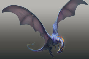 青い, 爪, ドラゴン, フライト, 灰色の背景, 翼
