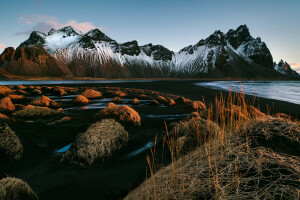 cát nham thạch đen, cỏ, Nước Iceland, buổi sáng, núi, Chứng khoán, bầu trời, Vestrahorn