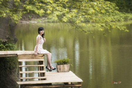 아시아 사람, 소녀, 호수