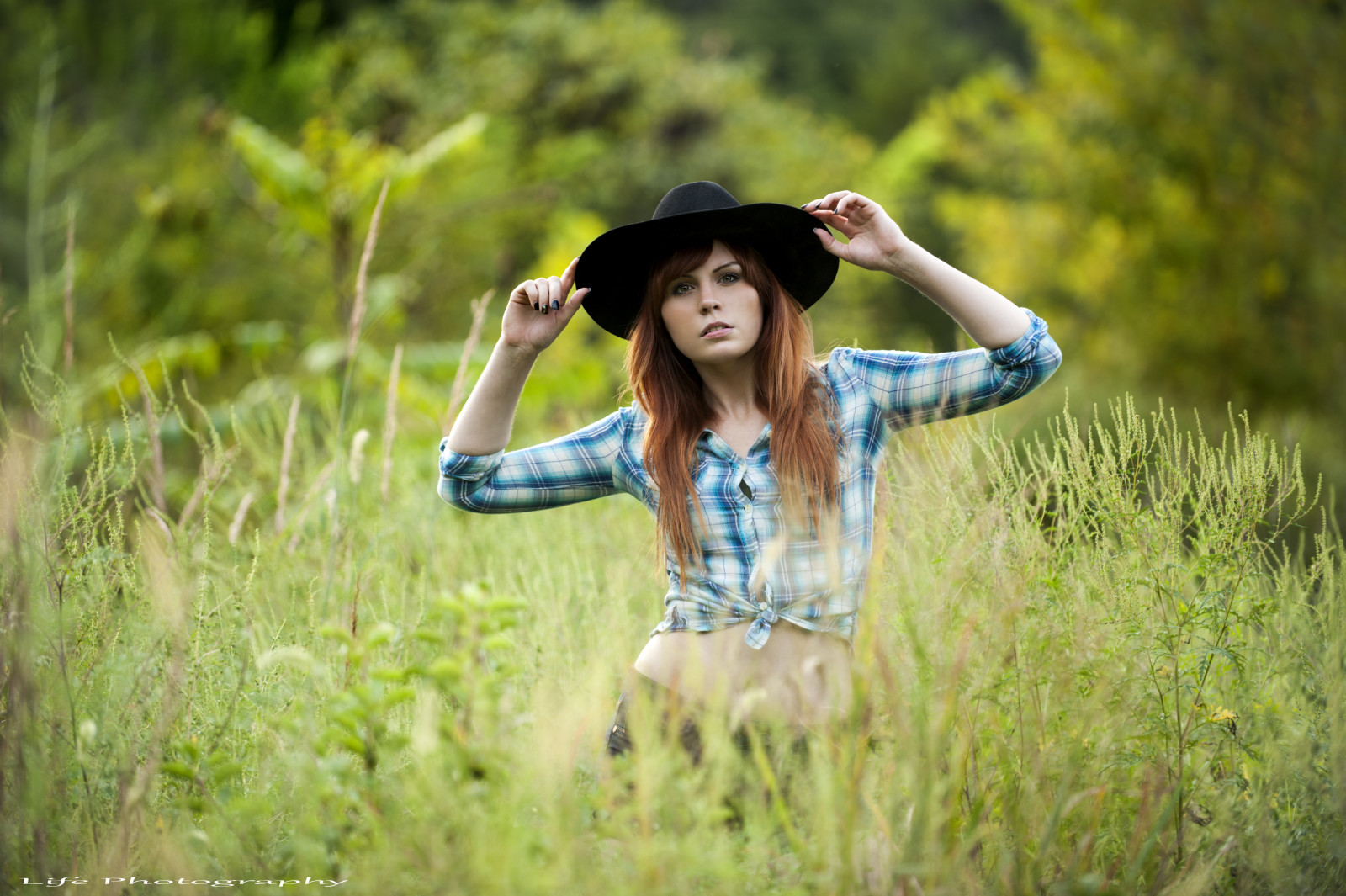 rumput, Lihat, gadis, bidang, topi, berambut merah