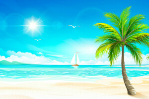 Palma, perahu layar, laut, matahari, Tropis