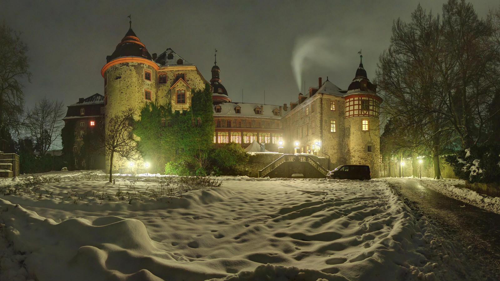 tuyết, mùa đông, cây, đèn, đêm, nước Đức, Lâu đài, tuyết