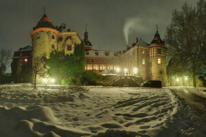 城堡, 德国, 劳巴赫城堡, 灯, 晚, 雪, 雪, 树木