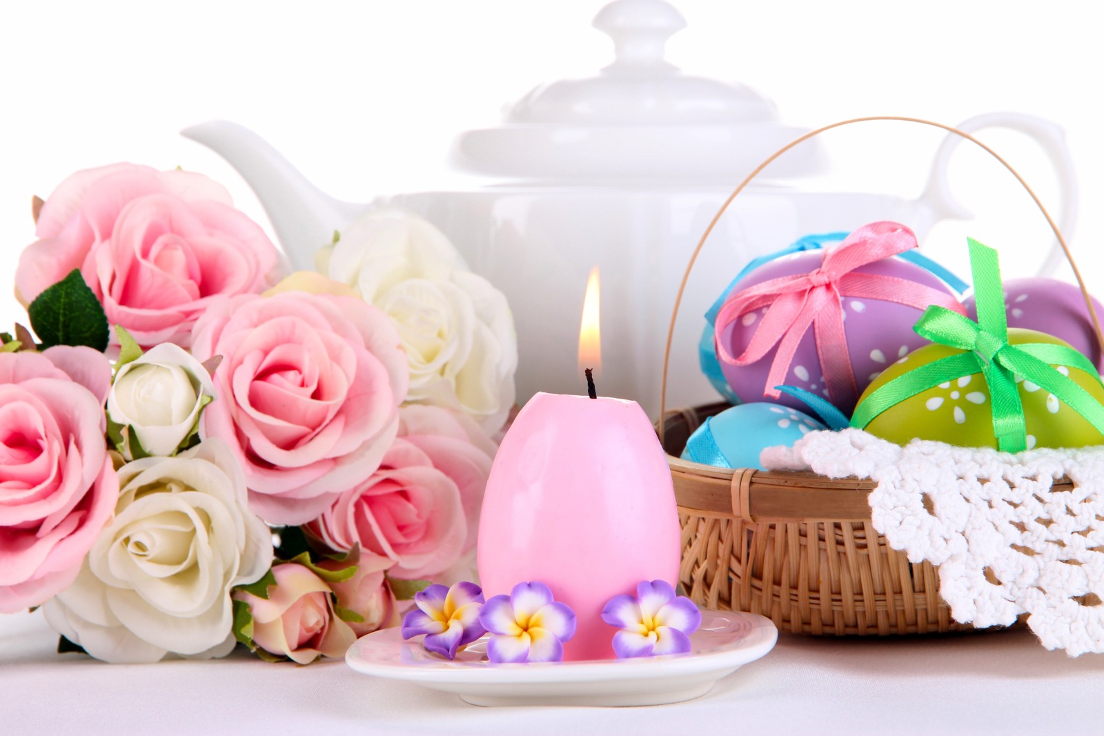 mawar, telur, bunga-bunga, buket, lilin, keranjang, Paskah
