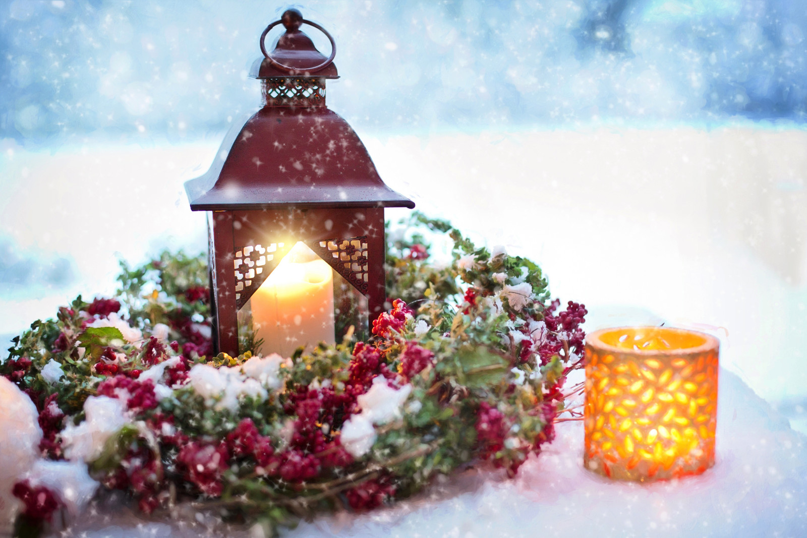 雪, 新年, 装饰, 假日, 蜡烛, 花圈, 手电筒