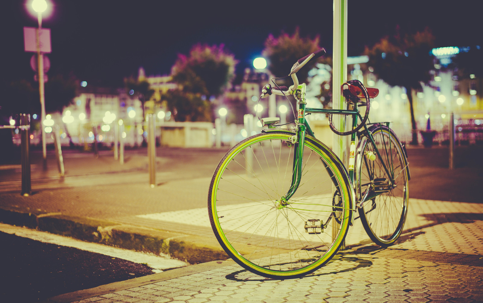 光, 城市, 自行车, 广场, 路灯