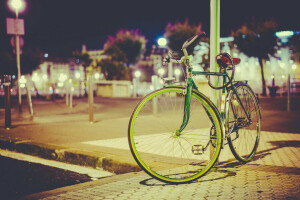 自転車, 街灯柱, 光, 平方, 都市
