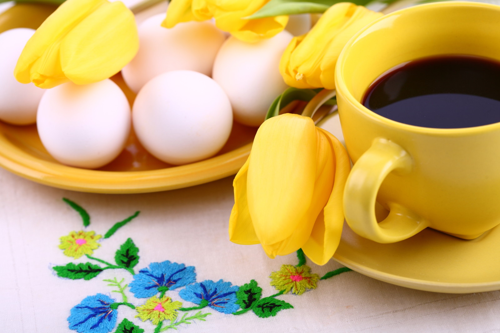 노랑, 달걀, 튤립, 커피, 컵