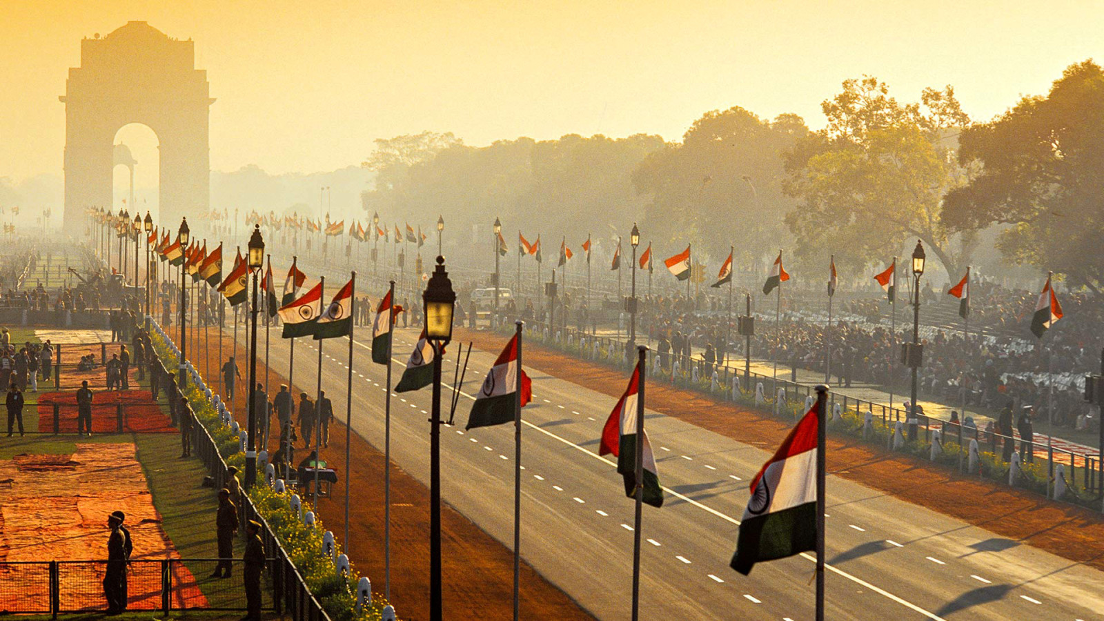 ถนน, โค้ง, ธง, ขบวนแห่, อินเดีย, นิวเดลี, วันสาธารณรัฐ