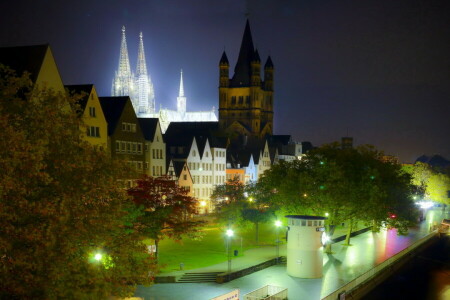 ケルン, ドイツ, HDR, ライト, 夜, 写真, 都市