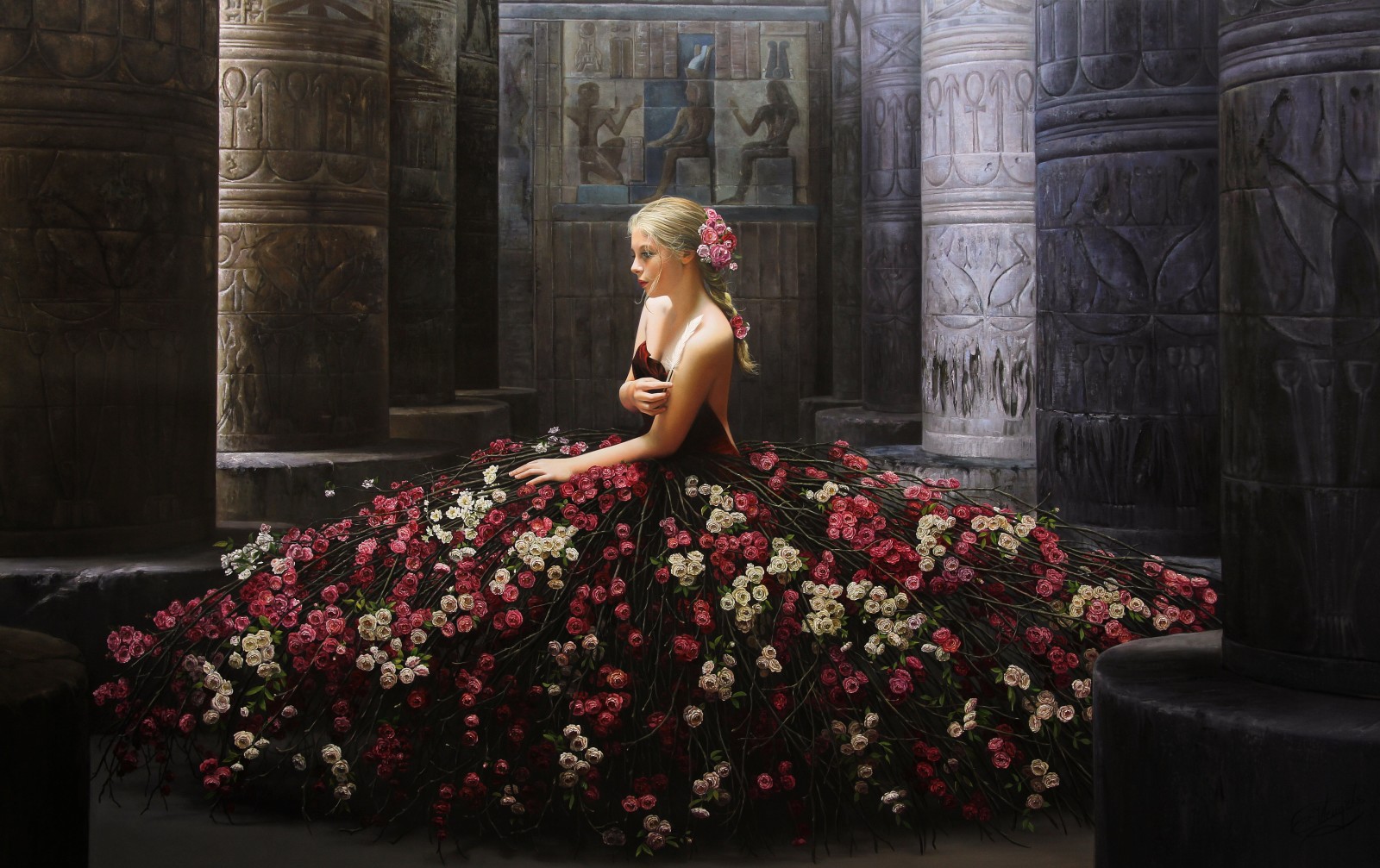 pose, duduk, gadis, mawar, bunga-bunga, model, gaun, Lukisan