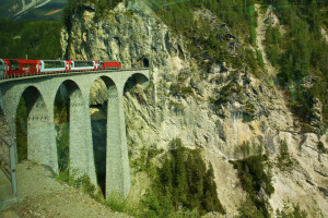 山, 陸橋, スイス, 車, トンネル, 列車