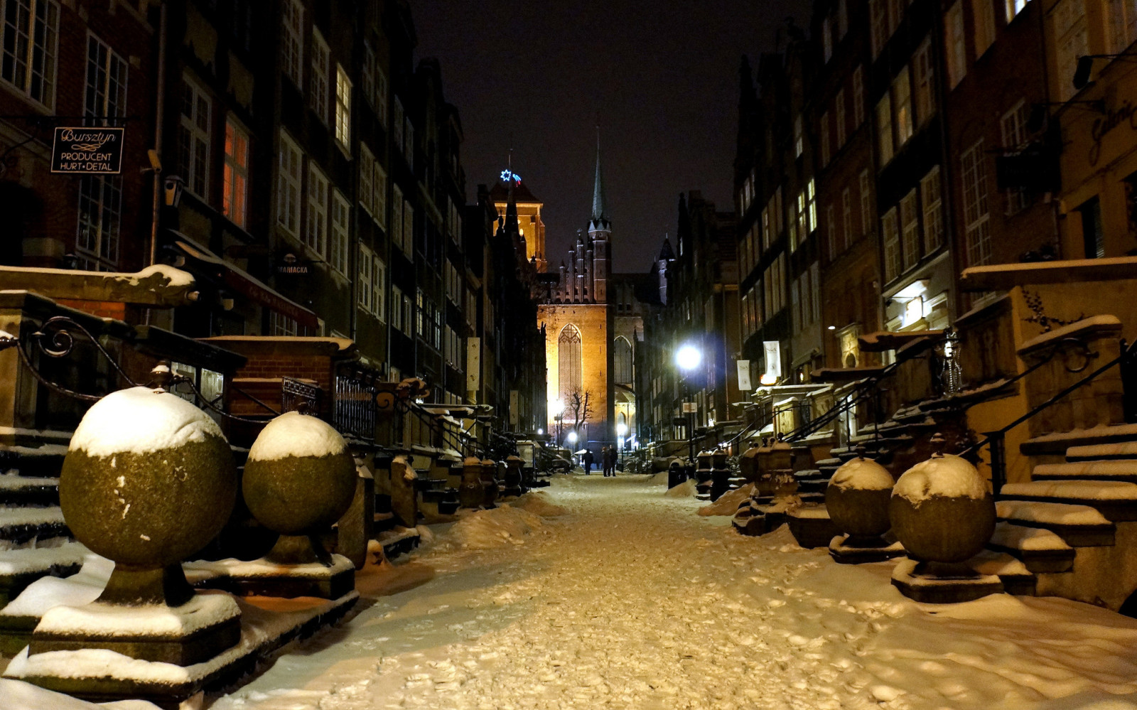jalan, musim dingin, malam, rumah, Polandia, Gdansk