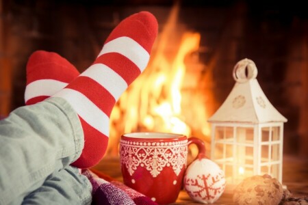 クリスマス, カップ, デコレーション, 火, 暖炉, 新年, クリスマス
