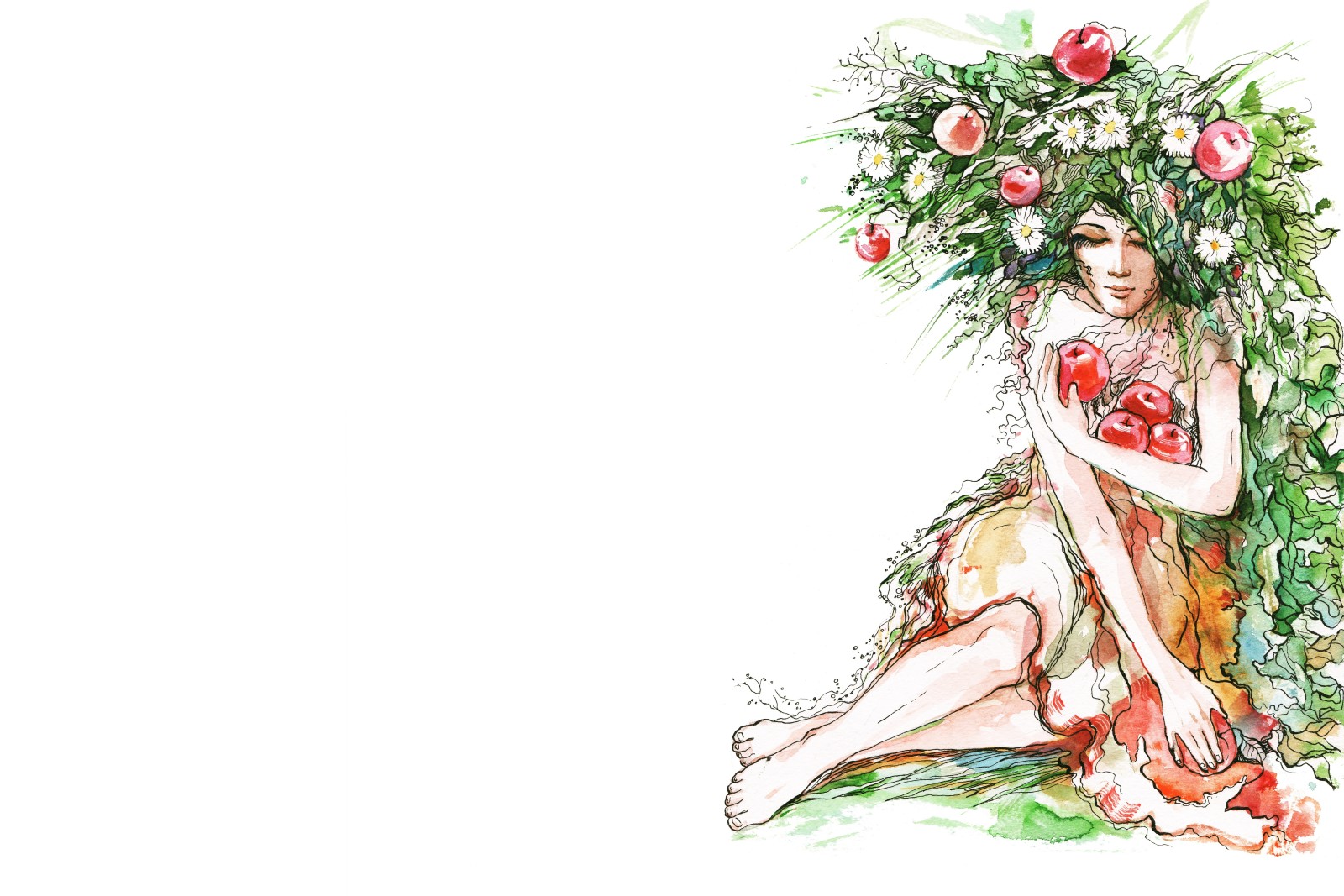 สาว, ใบไม้, แอปเปิ้ล, ดอกคาโมไมล์