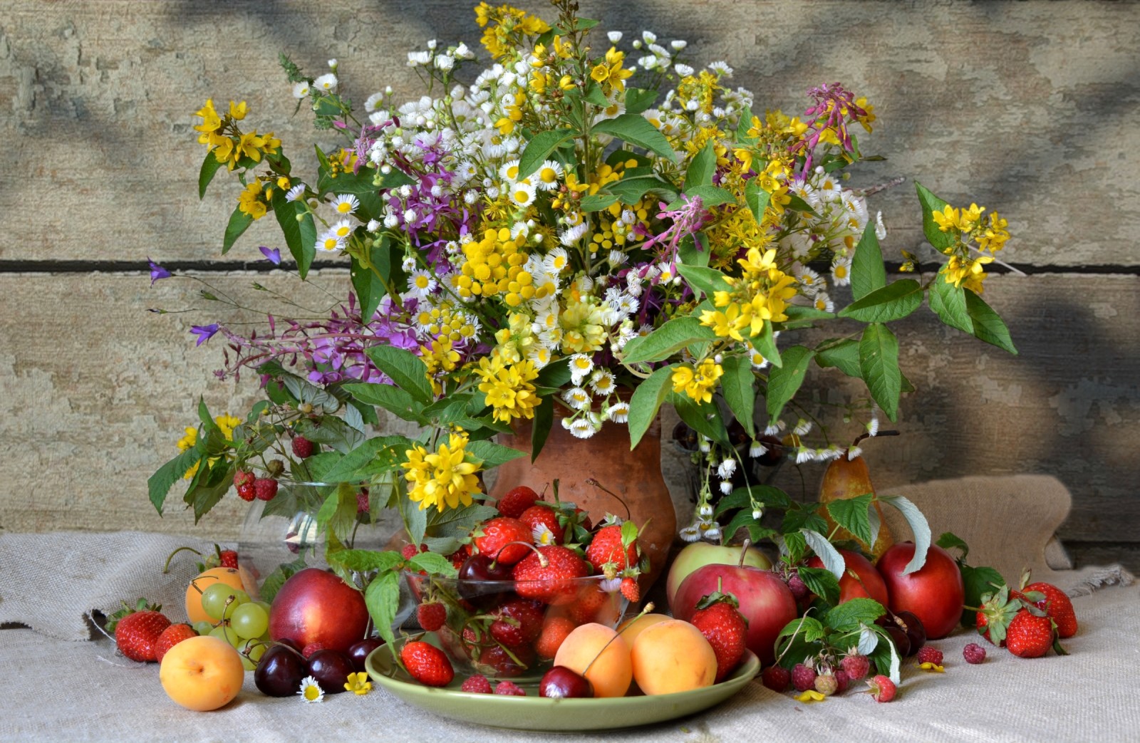musim panas, Masih hidup, bunga-bunga, buket, buah beri, frambos, ceri, stroberi