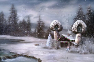 집, 눈사람, 이야기, 나무