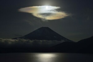 日本, 湖, 夜, 火山