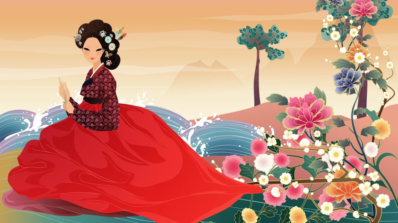 con gái, những bông hoa, nghệ thuật, Nước, quạt, Châu Á, Hanbok