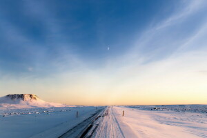아이슬란드, 아침, 도로, 달, 하늘, 겨울