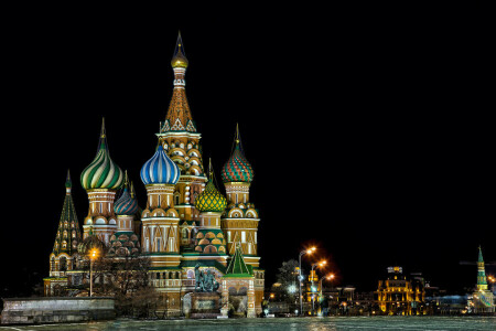 建築, ドーム, ライト, モスクワ, 夜, 聖ワシリイ大聖堂, 建物