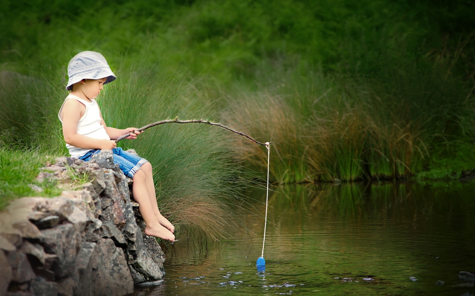 musim panas, sungai, anak laki-laki, penangkapan ikan