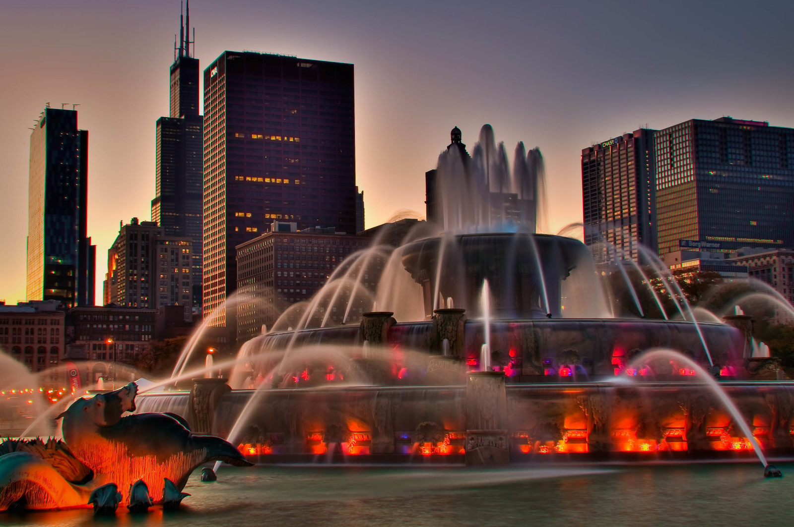 城市, 晚上, 家, 背光灯, 美国, 芝加哥, 喷泉, 伊利诺伊州
