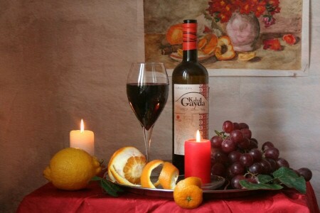 蜡烛, 葡萄, 柠檬, 静物, 葡萄酒